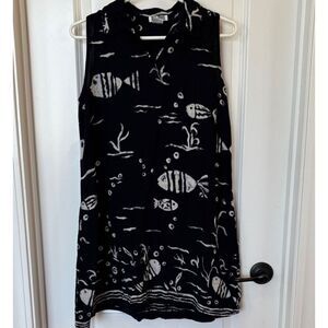Vintage Dee Dee's Sz M Black Batik Fish Boho Short Shift Dress Sleeveless Collar